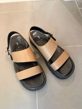 Zara Asymmetrical Leather Chunky Sandals size 9